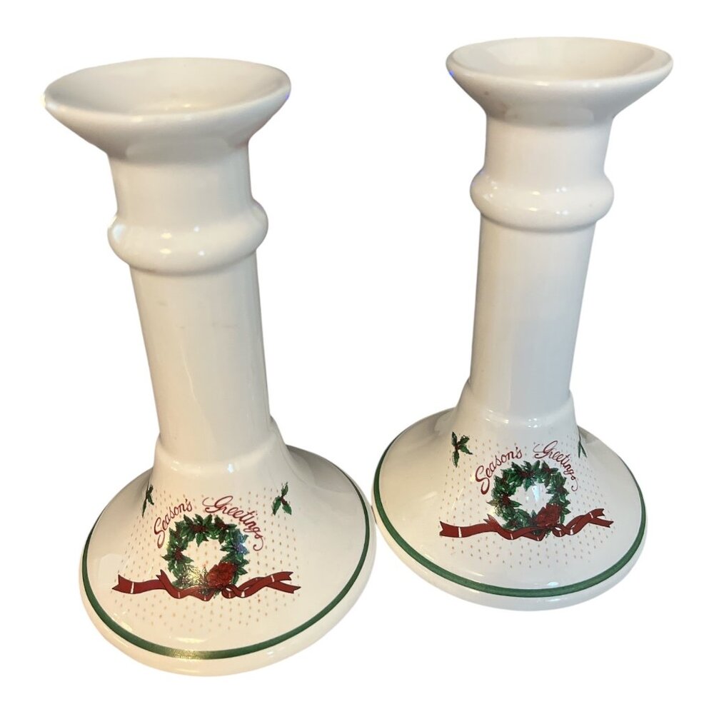 Vintage Holiday Candlestick Holders – Set of 2 – “Season’s Greetings” Wreath Des